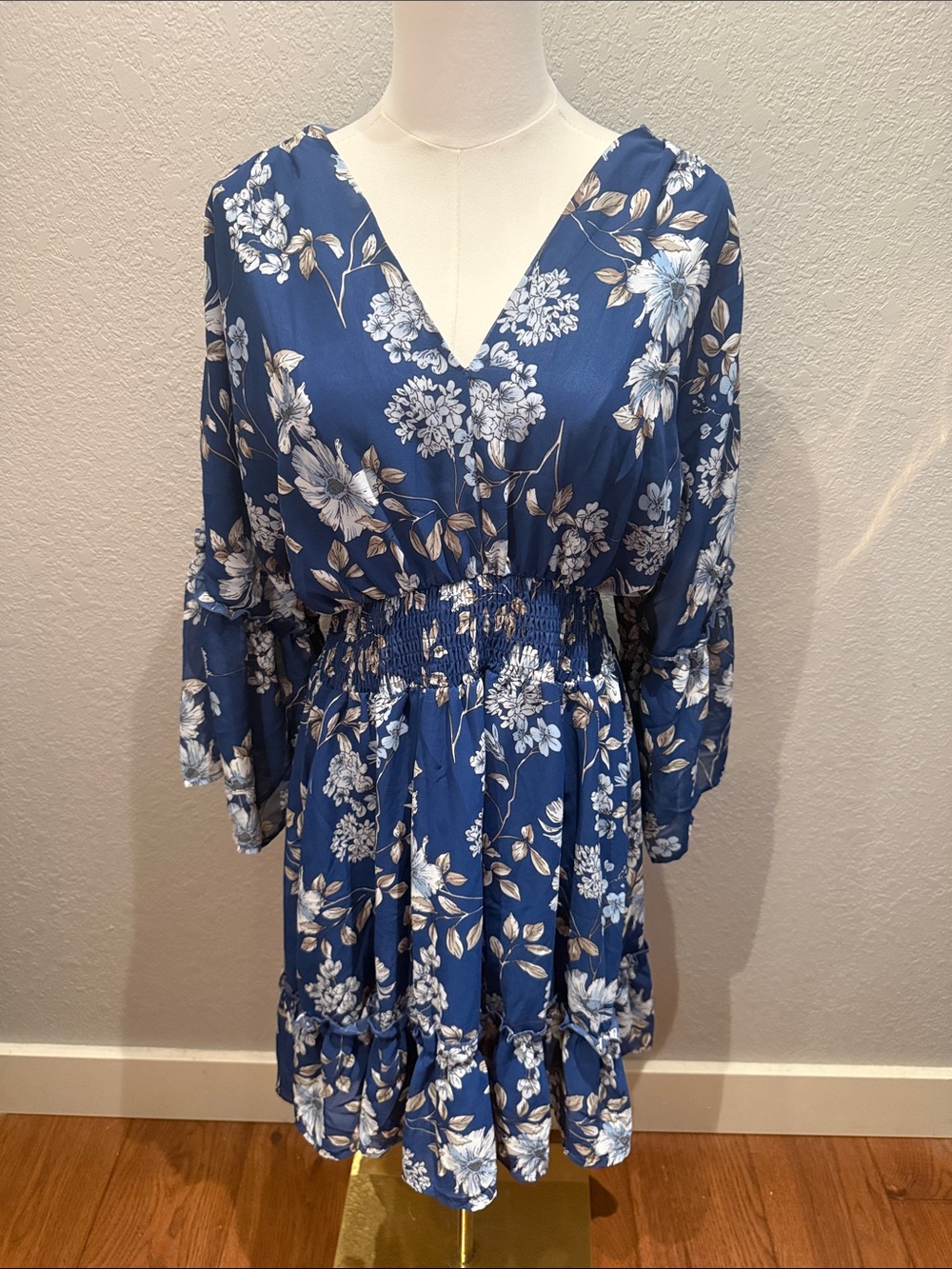Floral V-Neck Blue Smocked Waist Dress